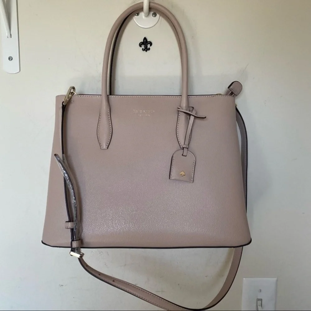 Kate Spade Cream Tan Leather Medium Top Zip Structured Tote Satchel Bag